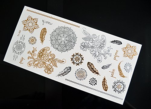 10 Bögen Set Metallic Tattoo Flash Tattoo Aufkleber Einmal Tattoo Gold und Silber Schmuck Tattoos Viele Schöne Motive - 3