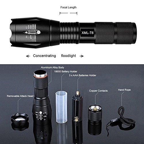 5000LM T6 LED Taschenlampe Superhell taktische 18650 Akku oder AAA Batterien wasserdicht zoombar - 5