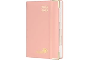 POPRUN Agenda 2024 2025 Journalier Scolaire 21,5 x 14,5 cm, 1 Page par Jour d'Août 2024 à Juillet 2025 12 Mois, Couvercle en cuir de coton PU, Onglets Mensuels, Papier Certifié FSC® - Rose Doux