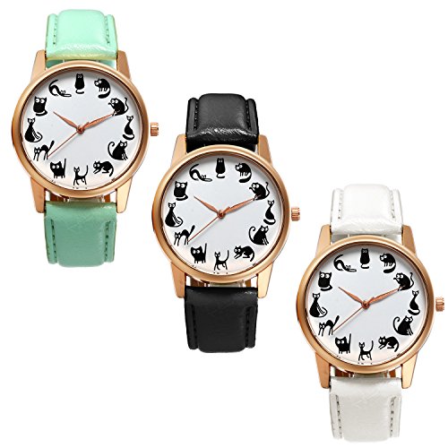 Lancardo Mädchen Damen Uhr, Leder Band Armbanduhr, Fashion süß Casual Karton klein schwarz Katze Analoge Quarz Sportuhr, Kindertag Geschenk, schwarz Weiss helles grün