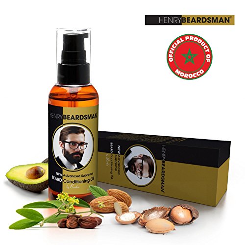 Premium Morrocan beard conditioning oil by Henry Beardsman ®, 100% natural oils, softens and nourishes for a healthy fuller beard. This uniquely scented beard oil, leaves you feeling refreshed and masculine. (100ml)