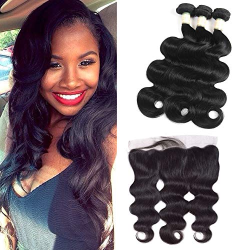 Morichy - Extensiones de cabello peruanas 7a, 3 extensiones onduladas con puntilla frontal de oreja a oreja y cierre frontal, cabello humano virgen peruano