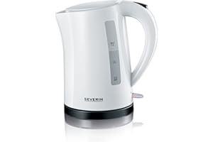 SEVERIN Bouilloire Pratique 1,5L, 2 200W, Niveau D'eau Visible, Bec Verseur Avec Tamis, Socle 360°, Large Ouverture, Blanc, WK 3494