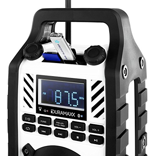 Duramaxx • 862-BTB-WH • Bluetooth Lautsprecher • Baustellenradio • MP3-fähiger USB-Port und SD-Slot • UKW / MW-Radiotuner • 20 Senderspeicher • LED-Display • AUX-Eingang • stoßfest • spritzwassergeschützt • Tragegriff • Netz- und Akku-Betrieb • weiß - 6