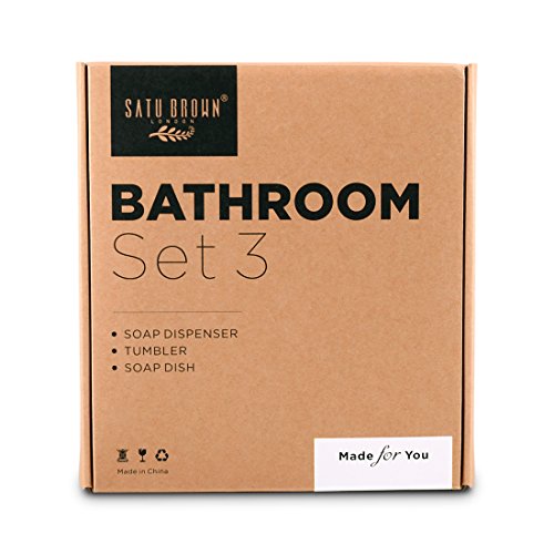 Satu Brown 3-teilig Deluxe Badezimmer Zubehör Set – Beinhaltet: Seifenspender / Lotionspender, Seifenschale, Zahnputzbecher, Erstklassige Zement Badezimmer Zubehör-Set (Braun & Golden) - 6