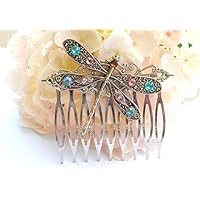 Libellen Haarkamm in silber mit buntem Strass
