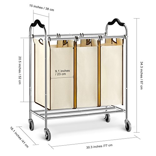 LANGRIA Wäschekorb Wäschesammler Rollend Wäschesortierer 3 Fächer Chrome Metal Rahmen 75 lbs Kapazität Beige - 7