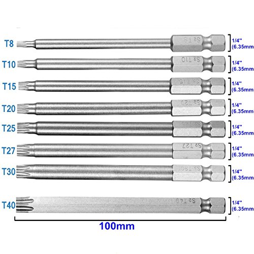 YKEZHU 8 Stück Torx Bits Schraubendreher Set Extra lang(100mm) und magnetisch T8-T40 1/4 Zoll Sechskant Schaft Elektrische Schraubendreher Werkzeuge - 6