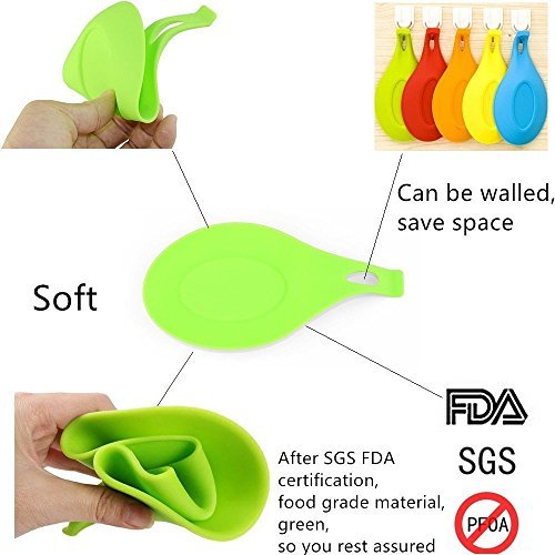 iNeibo Küchen Silikon Löffelablage Set- 4 Stück Riesen Löffelablage Set- FDA genehmigt, weich & unzerbrechlich, Hitzebeständig & Geruch beständig – vielseitig einsetzbar, für Küchenzubehör, Löffel, Spachtel, Pinsel und Besteck (Orange/Blau/grün/Rot) - 4