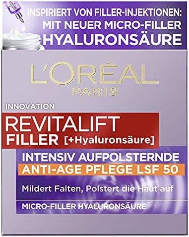 L'Oréal Paris Anti Age - Cura giornaliera SPF 50 per donne: idrata la pelle e combatte l'invecchiamento della pelle con 3 tipi di acido ialuronico e SPF 50+, Revitalift Filler, 1 x 50 ml