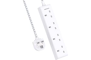 4 Way Extension Lead 1M, HANYCONY Plug Extension Socket with Braided Cable, Compact Multi Plug Power Strip 3250W, Electric Extension Cord for Home, Office, Desk, Travel Accessories, White