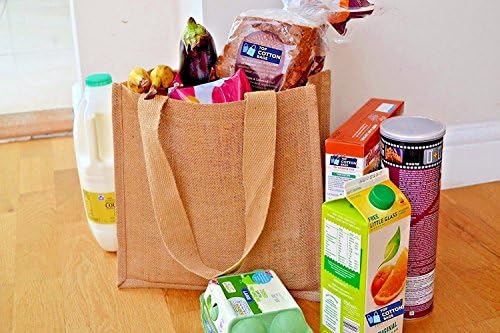 10 x Jute Hessian Compact Tote Shoulder Shopping Bag with Natural Colour Cotton Tape Handles. Size : 30cm x 30cm x 12cm ( Pack of 10 Bags )