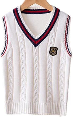 Ruirs Nice Spring Autumn V-Neck Baby Boys Knitted Vest Cardigan School Uniform Style Sweater Knit Vest Waistcoat Sleeveless Jacket Children's Clothing(White, 120)