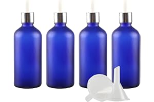 ZEOABSY 4 Pièces 100ml Flacon Compte-goutte en Verre Bleu Dépoli, Bouteille d'huile Essentielle avec Pipette en Argent Vides pour Cosmétiques Aromathérapie, Bouteille de Voyage