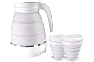 Bouilloire Pliable En Silicone, 600ML Mini Bouilloire Electrique Pliable, Bouilloire Pliable Camping Avec 2 Tasses Pliables 850W Ebullition Rapide Pour Camping, Voyages, Vacances (Blanc)