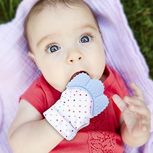 Vaxuia Baby Teething Glove-Patent Sound Design-Teething Mitten is Teether That Stays on Baby's Hand for Self-Soothing Pain Relief-for Baby 2-12 months old-Secure Adjustable Strap-Includes free storage (Cold blue)