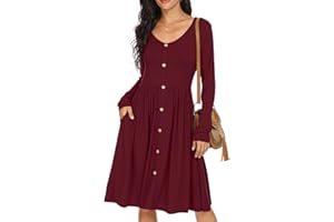 GRECERELLE Womens Long Sleeve Casual Plain Swing Dresses Button Down A-Line Midi Short T-Shirt Dress with Pockets