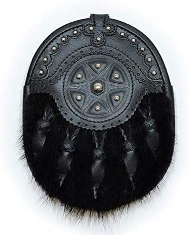 Traditional Hunting Highland Sporran 100% Black Leather Celtic Design Hunting Pelt