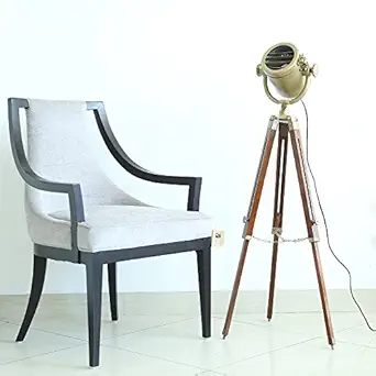 Golden Color Matt Finish Tripod Focus Light Wooden Floor Lamps