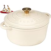 Overmont 26cm/5.2L Enamelled Cast Iron Round Casserole Pot With Lid Cookbook & Cotton Potholders - Non-stick Dutch Oven Cookw