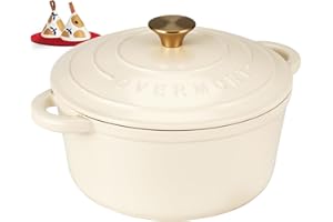 Overmont 26cm/5.2L Enamelled Cast Iron Round Casserole Pot With Lid Cookbook & Cotton Potholders - Non-stick Dutch Oven Cookware for Braising, Stews, Roasting, Bread Baking - Cream white, 5.5QT