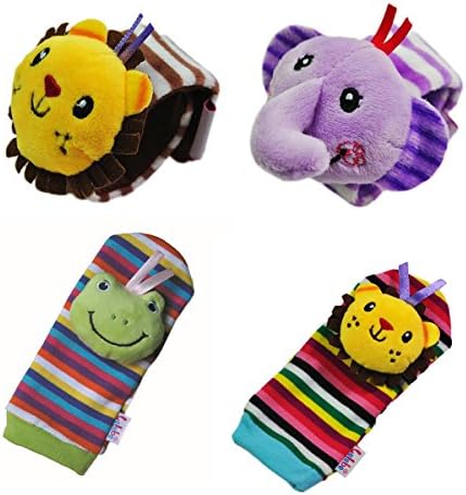 SMTF Cute Animal Soft Baby Socks Toys Wrist Rattles and Foot Finders Set 4PCS