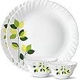 Larah by Borosil Green Leaves Silk Series Opalware Dinner Set | 6 Pieces for Family of 2 | Microwave & Dishwasher Safe | Bone-Ash Free | Crockery Set for Dining & Gifting | Plates & Bowls | White