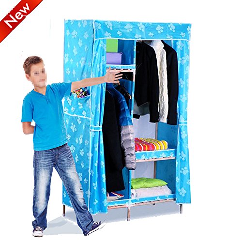 Popamazing Wood Hanging Rail Bule Fabric/Oxford/Canvas Wardrobes for Kids Bedroom Furniture