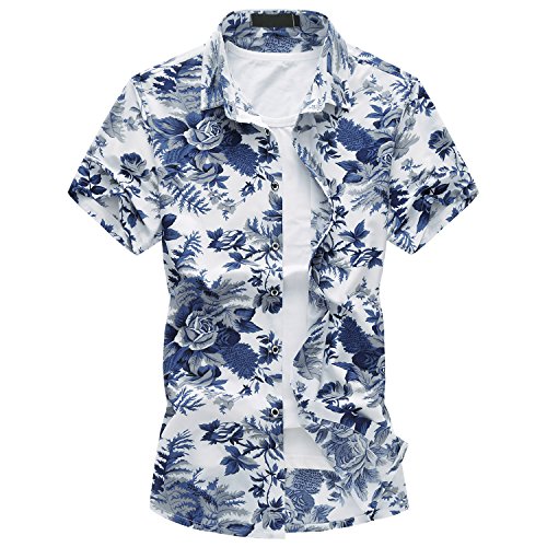 MOGU Hombres Casual Estampado de Flores Hawaianas Moda Slim Fit Manga 