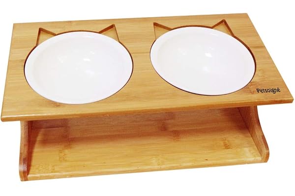 Petsoigné Haute Gamelle pour Chat et Chiot Bol Incliné pour Chat et Chien avec Support en Bois (2 Bols, Céramique)