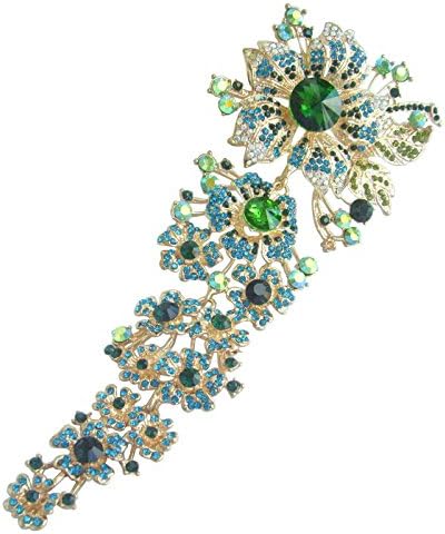 Sindary 7.28" Long Orchid Flower Brooch Pin Austrian Crystal UKB4704 (Gold-Tone Green)