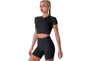 IMEKIS Ensemble de gym deux pièces pour femme - Haut court à manches courtes avec short taille haute - Sans couture - Couleur unie - Survêtement d'été pour course à pied - Vêtements de sport