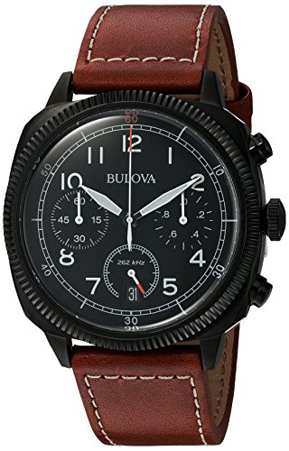 Bulova Military Men's Quartz Watch with Black Dial Analogue Display and Brown Leather Strap