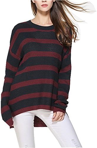 Eringogo Burgundy White Striped Womans Loose Fitted Elastic Knitted Jumper Pullover Sweater XXL