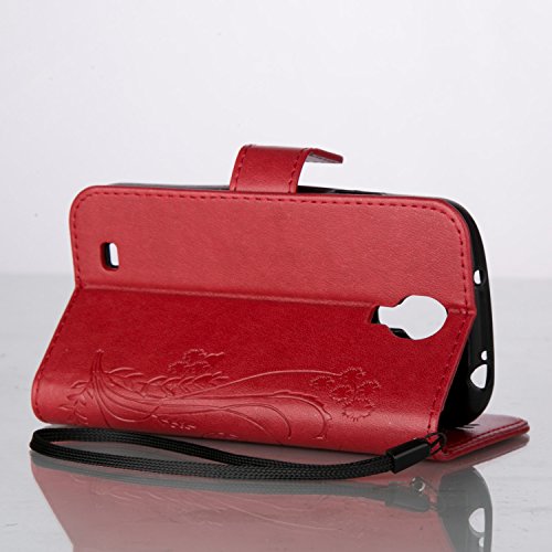 Galaxy S4 Hülle,Galaxy S4 Case,Galaxy S4 Leder Wallet Tasche Brieftasche Schutzhülle,ikasus® Prägung Schmetterling Blumen Muster PU Lederhülle Flip Hülle im Bookstyle Cover Schale Stand Ständer Etui Karten Slot Schutzhülle Grau Tasche Wallet Case für Samsung Galaxy S4 i9500 – Groß Schmetterling:Rot - 4