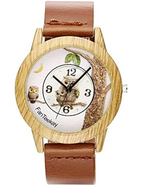 JSDDE Uhren,Vintage Holz-Muster Eule Armbanduhr Damenuhr Kleid Uhr PU Lederarmband Analog Quarzuhr,Braun