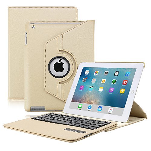 KVAGO Luxury Stylish iPad 2 3 4 Funda de cuero para teclado + Protector de pantalla + Stylus Pen Funda giratoria de 360 grados Funda protectora para tapa con teclado inalámbrico desmontable Bluetooth para Apple iPad 2 / iPad 3 / iPad 4 Funda giratoria para teclado Funda de folio Funda para cartera con correa elástica oro