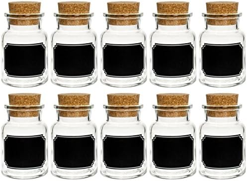 Spice Jars Glass Bottle with Cork Lid/Press – Capacity 150 ml Round Cork | Pack of 10 | Chalkboard Chalk Board Blackboard Foil T C | High Quality | Glass Jar Glass Jar Salt Pepper Sunflower Kandis Bonbons