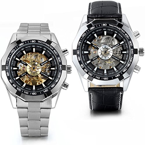 JewelryWe 2PCS Herren Armbanduhr, Analog Quarz, Fashion Business Casual Handaufzug mechanische Uhr mit Edelstahl Leder Armband, Schwarz Bezel Skelett Zifferblatt JewelryWe 2PCS Herren Armbanduhr, Analog Quarz, Fashion Business Casual Handaufzug mechanische Uhr mit Edelstahl Leder Armband, Schwarz Bezel Skelett Zifferblatt
