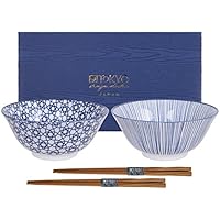 Tokyo Design Studio, Nippon Blue, Juego con 2 cuencos y 2 palillos, 4 piezas, diámetro 15.2 cm, porcelana de Japón