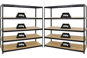 ‎PROREGAL PROREGAL Mega Deal 2er-Set Schwerlastregal Giant Elephant 180x180x60cm mit 5 Ebenen Fachlast 200kg Schwarz, Kellerregal, Steckregal, Garagenregal, Lagerregal