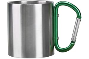 MiOYOOW Tasse à Mousqueton en Acier Inoxydable, 300ML Tasse Camping à Double Paroi Tasse en Métal Portable avec Poignée Mousqueton pour Camping en Plein Air Voyages Alpinisme