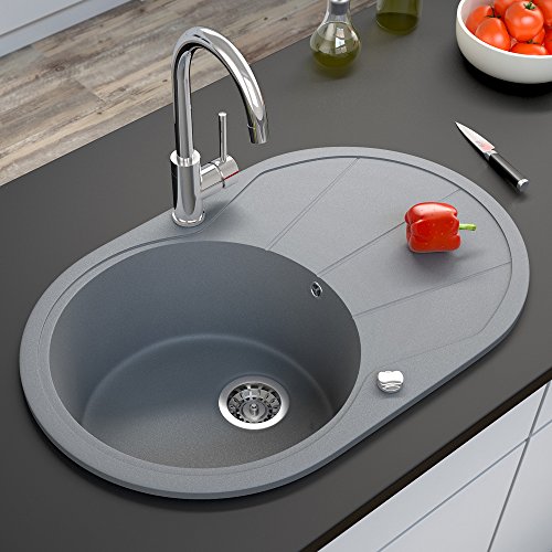 Spüle Granitspüle Küchenspüle Einbauspüle Auflage 780 x 500 mm große Ablage Spülbecken + Drehexcenter + Siphon (Grau (202)) - 3