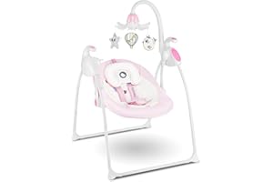 LIONELO Robin bébé balançoire électrique 0 à 9 kg, avec Fonction couchée, 12 mélodies, 8 Vitesses de Bascule, moustiquaire, boîte à Musique (Rose)