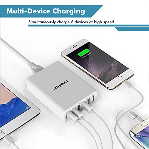 iVoler Caricabatterie USB da Muro 6 Porte 60W (5V/12A Max, 2.4A Max per Porta), Caricatore USB da Tavolo 6 Porte, Alimentatore multi-porta con Tecnologia Qsmart per iPhone, iPad, Samsung Galaxy, Huawei,ASUS, LG, HTC, Sony,Motorola,Tablet, Smartphone e gli altri dispositivi USB. [Incluso un Cavo iPhone (1m) & Cavo Micro USB (1m)] (Bianco)