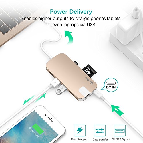 USB C Hub QacQoc USB C Adapter mit Typ C Ladeanschluss, HDMI Port, Gigabit LAN, SD-Kartenleser, Micro SD-Kartenleser, 3 USB 3.0 Port für Typ C Geräte wie MacBook, MacBook Pro, Google Chromebook (Gold) - 2