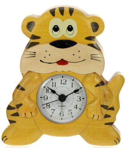 Tiger Clock : Handcrafted Wooden Gift Idea : On/off alarm switch on reverse : Top Safari Jungle Nature Wildlife Zoo Hand Painted Gifts for Boys, Girls, Kids, Children & Fun Loving Adults! : 1 Train, 1 Bird & 7 Animal Designs Available : Height approx 12cm