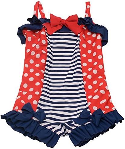 Little Girls Red Navy Stripe Print Bows Ruffle Patriotic One Piece Swimsuit 5