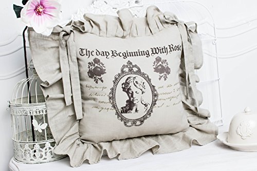 Roses cappuccino Stuhlkissenbezug mit Volant 42x42cm Leinenoptik shabby chic landhaus franske cottage
