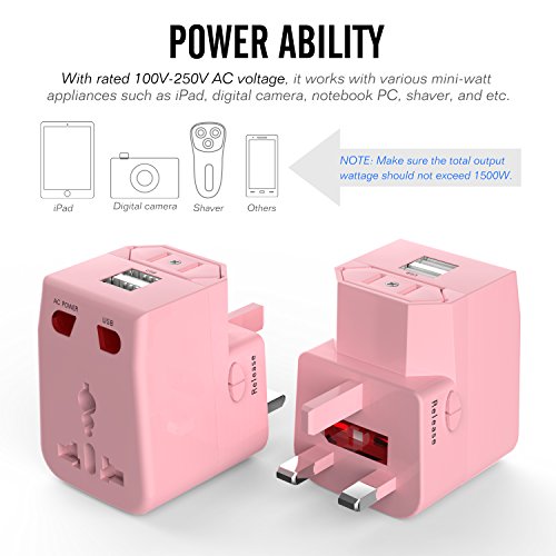 MoKo Universal Reiseadapter – All-in-One US / EU / UK / AU Reisestecker AC Power Wall Charger Konverter Stecker Adapter mit 2 USB Ports 2.1A für Smartphone, iPhone, iPad, MP3 Player, Rosa - 7